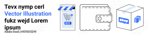 Mobile shopping app with cart, wallet icon, and delivery box. Ideal for e-commerce, mobile app design, online shopping, digital wallets, virtual markets, digital payments, modern retail. Landing page