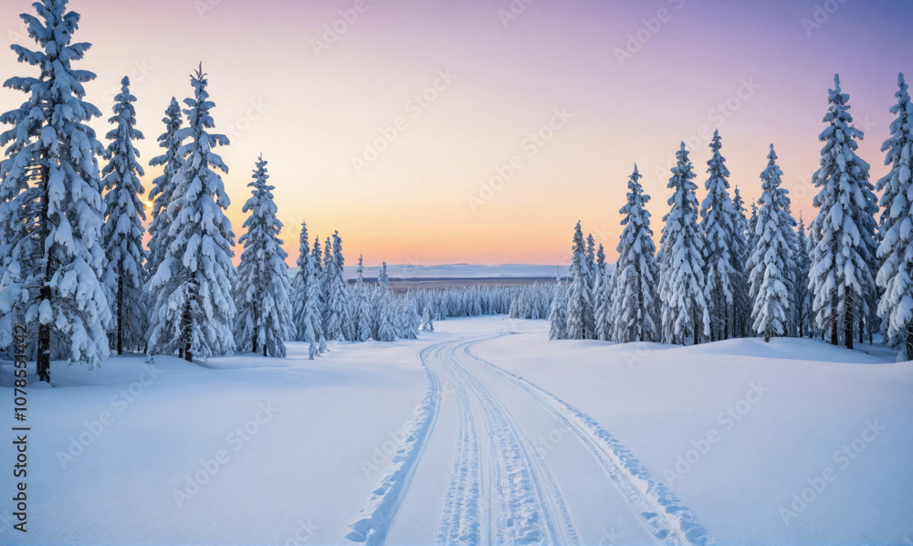 A snowy path winds through a forest of snow-covered evergreens, the morning light casting a soft glow on the landscape A snowy path winds through a forest of snow-covered evergreens, the morning light casting a soft glow on the landscape