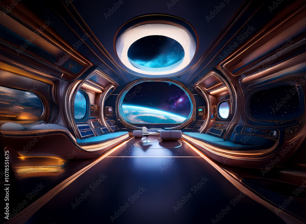 The interior of a spaceship with a large window looking out at a planet and stars. The interior of a spaceship with a large window looking out at a planet and stars.