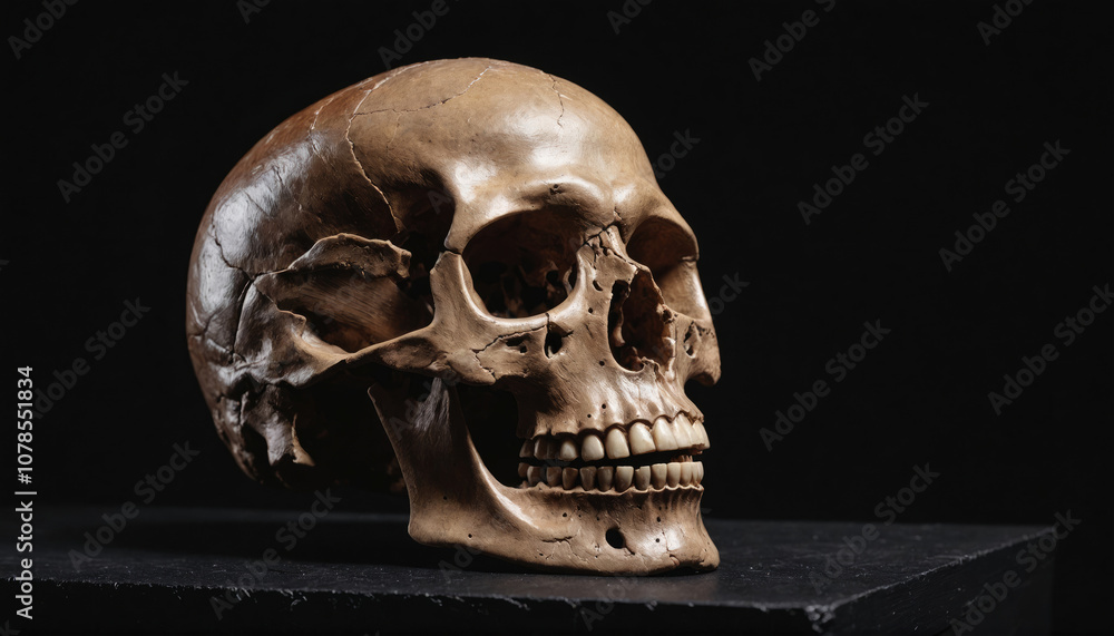 Naklejka premium A human skull sits on a dark surface, its empty eye sockets gazing into the distance