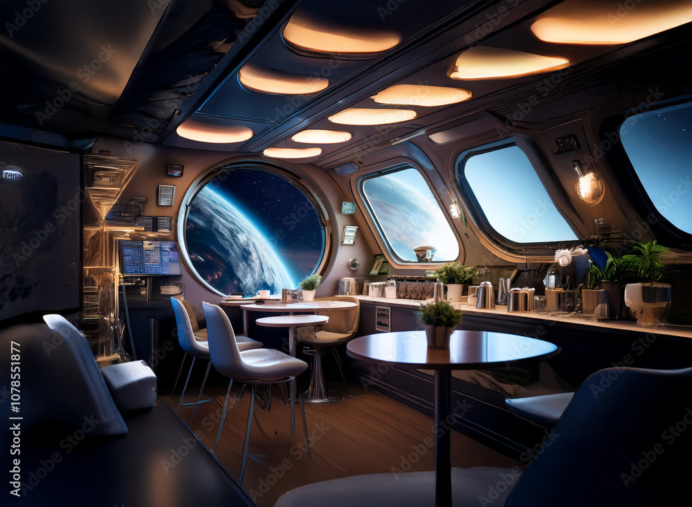 A futuristic cafe interior with large round windows offering a view of Earth from space. A futuristic cafe interior with large round windows offering a view of Earth from space.