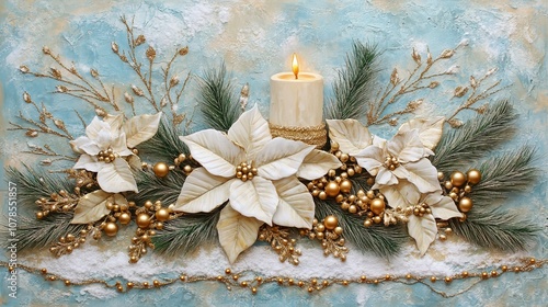 Christmas wall hanging with white poinsettia flowers, gold ornaments, and an illuminated candle in the center. Snow-covered branches on a light blue background with golden accents.