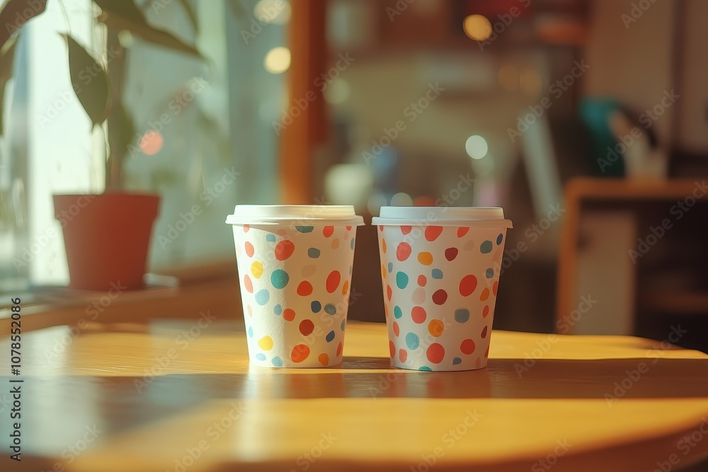 Two colorful coffee cups on a table. This photo is perfect for a blog post about coffee, a social media post about friends, or a website about cafes. Two colorful coffee cups on a table. This photo is perfect for a blog post about coffee, a social media post about friends, or a website about cafes.
