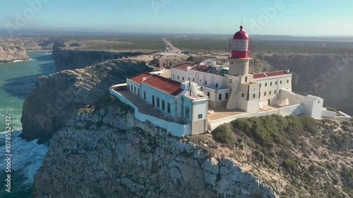Aerial video of the Cabo de Sao Vicente fort and lighthouse. Algarve, Portugal
