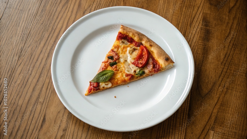 Minimalist Photography of a Single Delicious Slice of Pizza on a Plain White Plate with a Simple Wooden Table Background Emphasizing the Joy of Eating and Savory Flavors Minimalist Photography of a Single Delicious Slice of Pizza on a Plain White Plate with a Simple Wooden Table Background Emphasizing the Joy of Eating and Savory Flavors