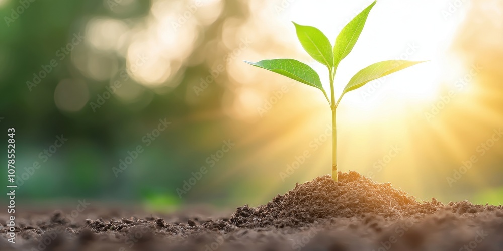 A small green plant grows in rich soil, illuminated by warm sunlight. A small green plant grows in rich soil, illuminated by warm sunlight.
