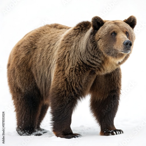 A Brown Bear Stands Confidently on a White Snowy Background in Winter. Generative AI