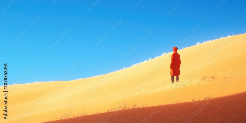 Fototapeta premium A solitary figure in a vibrant landscape under a clear blue sky and golden dunes.