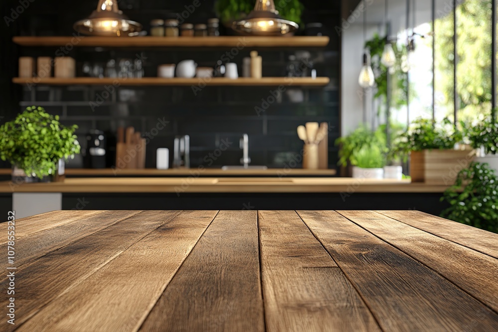 Empty wooden table top with blurred background of a modern kitchen with plants. Empty wooden table top with blurred background of a modern kitchen with plants.