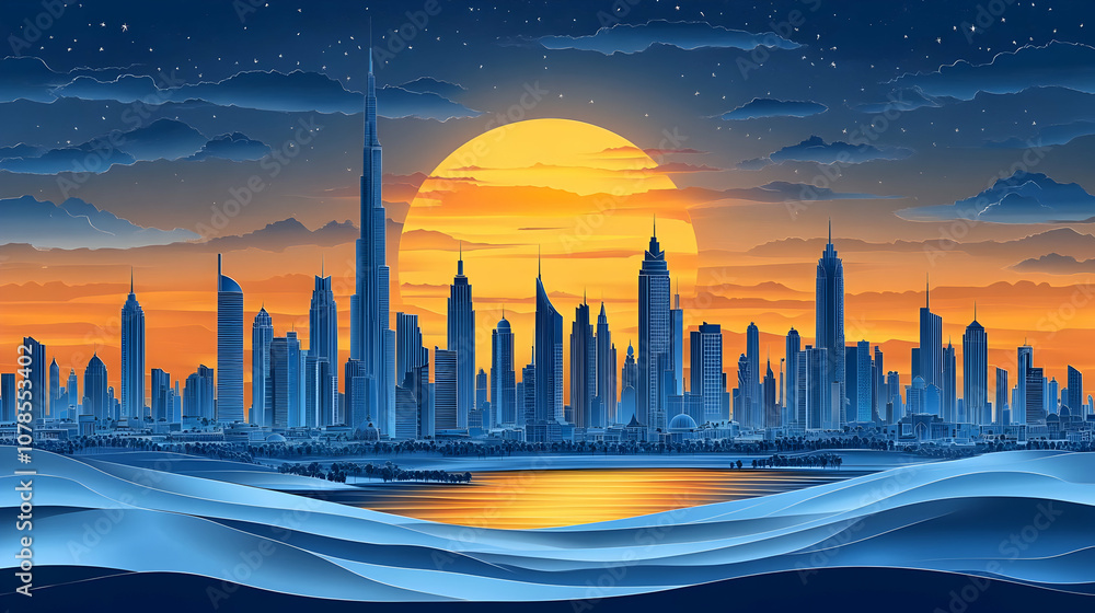 Cityscape Illustration with Sunset and Stars Cityscape Illustration with Sunset and Stars