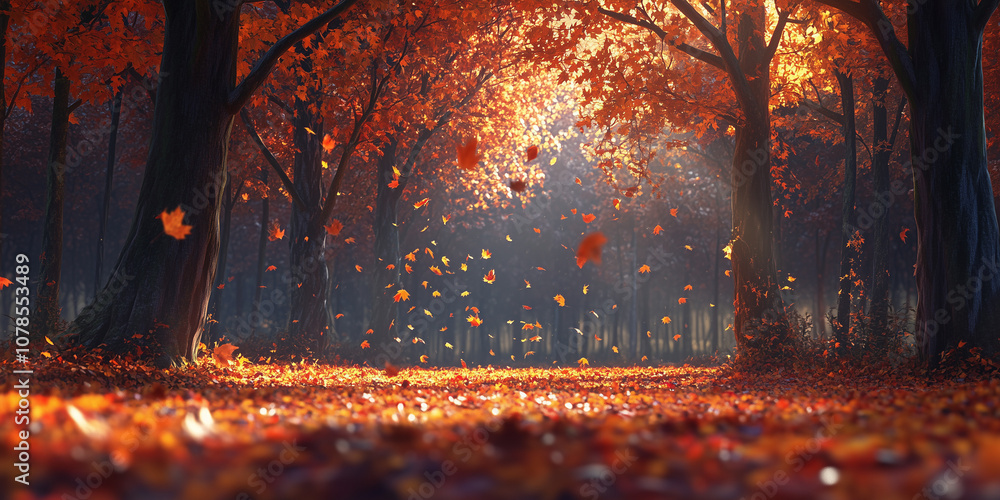 Fototapeta premium A 3D autumn forest scene with vibrant orange, yellow, and red leaves gently falling from the trees. The forest floor is covered with fallen leaves, and soft light filters through the branches.
