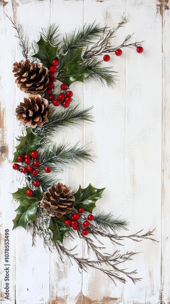Rustic white wooden background featuring Christmas greenery, pine cones, red berries, and holly leaves, arranged on the left side of the frame. Rustic white wooden background featuring Christmas greenery, pine cones, red berries, and holly leaves, arranged on the left side of the frame.