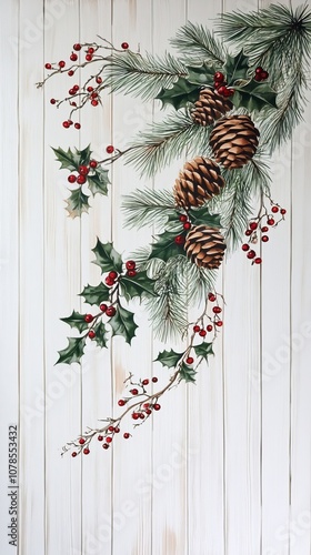 Rustic white wooden background featuring Christmas greenery, pine cones, red berries, and holly leaves, arranged on the left side of the frame.