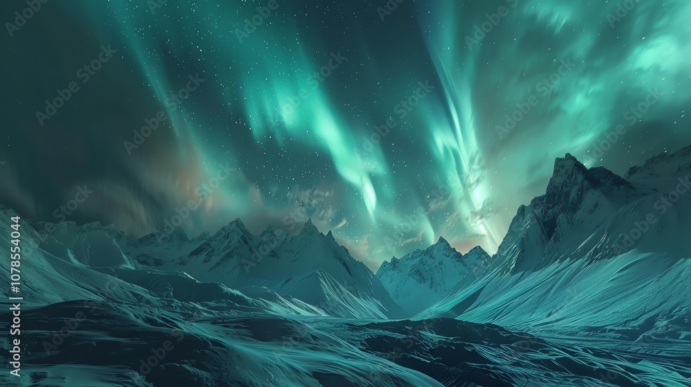 The northern lights shining brightly in the sky over a snow-covered mountain range. The northern lights shining brightly in the sky over a snow-covered mountain range.