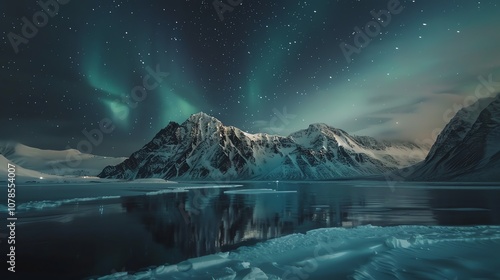 A snowy mountain range is reflected in a frozen lake under the aurora borealis.