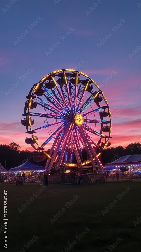 Fototapeta premium A vibrant ferris wheel illuminated at dusk in a bustling amusement park setting
