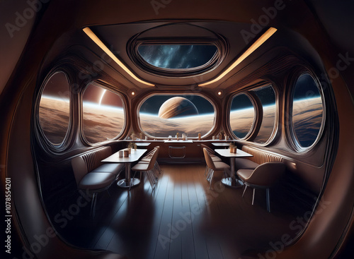 A futuristic dining room with large windows overlooking a red planet and a gas giant. photo