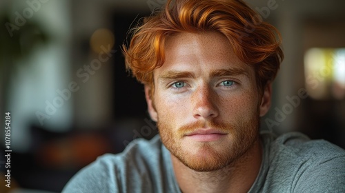 portrait attractive red hair man 35 years old at home