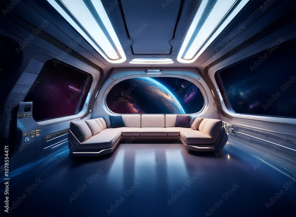 An interior view of a spaceship with large windows overlooking a planet. The room contains a large couch and is illuminated by sleek modern lighting. An interior view of a spaceship with large windows overlooking a planet. The room contains a large couch and is illuminated by sleek modern lighting.