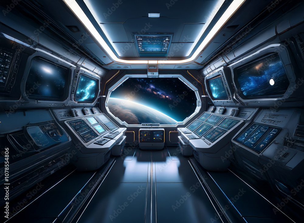 The interior of a spaceship with a large window that looks out onto a distant planet and stars. The interior of a spaceship with a large window that looks out onto a distant planet and stars.