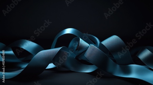 Blue ribbon tangled in artistic loops on dark setting