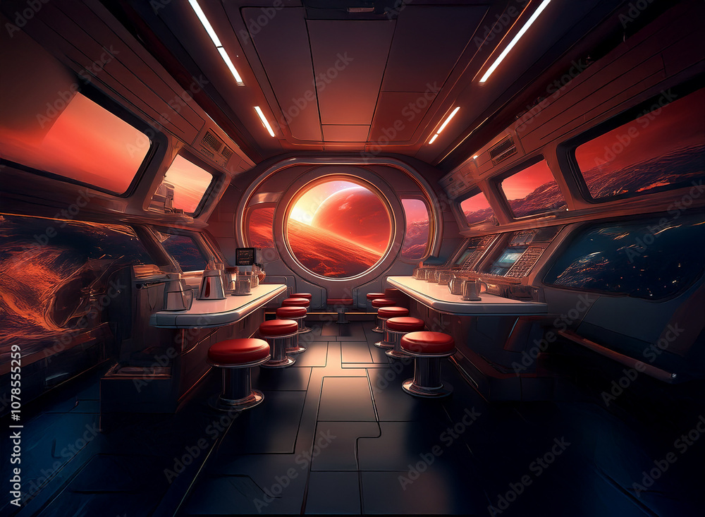 A futuristic diner aboard a spaceship with large windows showing a red planet and its rings in the distance. A futuristic diner aboard a spaceship with large windows showing a red planet and its rings in the distance.