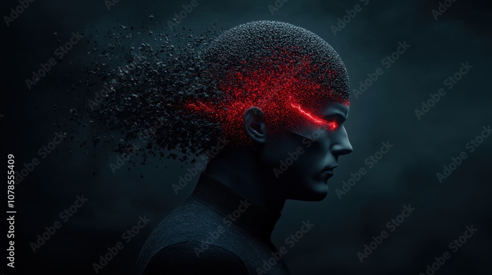 Futuristic cyborg with shattered head and red glowing line effect Futuristic cyborg with shattered head and red glowing line effect