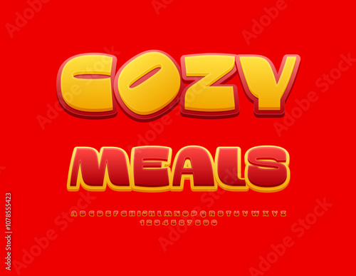 Vector artistic Cozy Meals. Red and Yellow Cool Font. Bright set of Stylish Alphabet Letters and Numbers