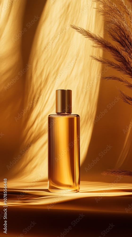 Naklejka premium Stylish golden bottle with flowing abstract backdrop.