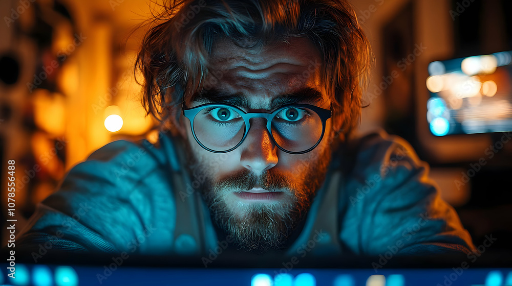 Man in Glasses Focused on Screen - Realistic Image Man in Glasses Focused on Screen - Realistic Image