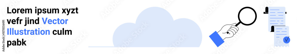 Hand holding magnifying glass investigating documents and analyzing text elements. Ideal for data analysis, cloud computing, SEO, research, document review, content management, and information Hand holding magnifying glass investigating documents and analyzing text elements. Ideal for data analysis, cloud computing, SEO, research, document review, content management, and information