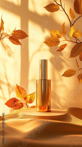 Golden bottle amidst autumn leaves and light play photo