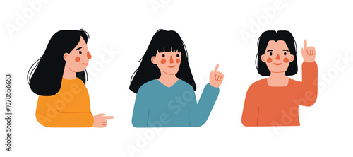 Girl points, directs and shows with her finger set. Gesture to look up and to side. Indicate with hand. Characters indicates attention. Vector flat isolated illustration