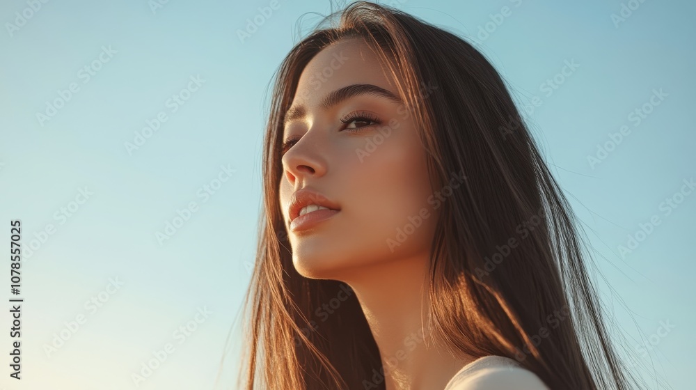 A woman with long brown hair gazes upward, her expression thoughtful and serene. A woman with long brown hair gazes upward, her expression thoughtful and serene.