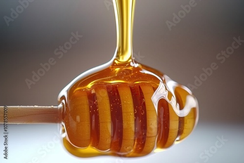 Close-up of golden honey dripping from a wooden dipper against a soft background. photo