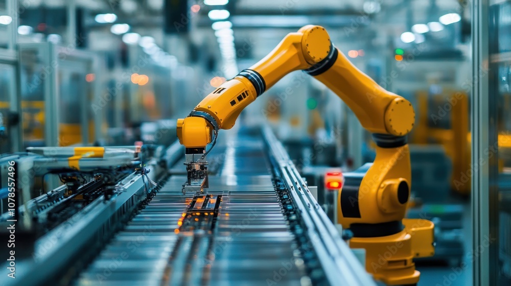 Industrial Robot Arm Working on Assembly Line Industrial Robot Arm Working on Assembly Line