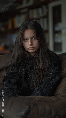 Pensive Young Woman with Long Hair Sitting on a Couch in a Cozy Room