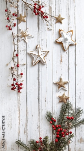 Rustic white wooden background featuring Christmas greenery, pine cones, red berries, and holly leaves, arranged on the left side of the frame.