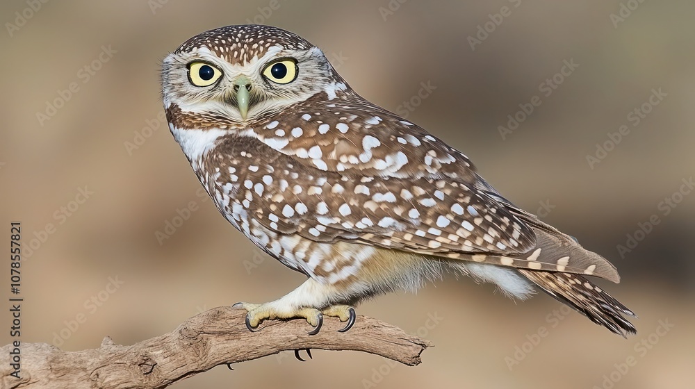 A small, brown and white owl with yellow eyes perches on a branch. A small, brown and white owl with yellow eyes perches on a branch.