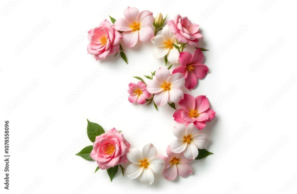 Intertwined flowers letter “3”, realist precision, high saturation, beautiful, inspiring, isolated, flat white background Intertwined flowers letter “3”, realist precision, high saturation, beautiful, inspiring, isolated, flat white background