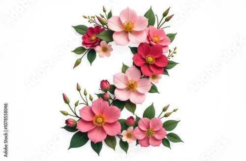 Intertwined flowers letter “2”, realist precision, high saturation, beautiful, inspiring, isolated, flat white background