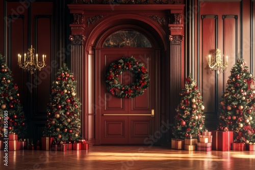 Wallpaper Mural Burgundy front door Christmas decorated - festive opulent entryway of suburban house with a grand wreath, rich colors, and elegant holiday decor, setting a luxurious tone Torontodigital.ca