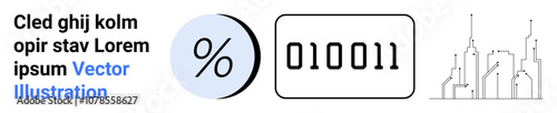 Combination of plain text, a percentage symbol in a circle, a binary code block, and a minimalistic urban skyline. Ideal for tech blogs, data analytics, educational resources, finance, coding, city