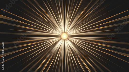 Art deco style abstract sun design with symmetrical light rays, featuring a blend of gold, white, and bronze accents, set against a dark background for contrast.