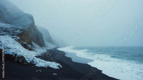 Fototapeta Naklejka Na Ścianę i Meble -  Snowy ocean shore with icy rocks and stones, winter wind and waves