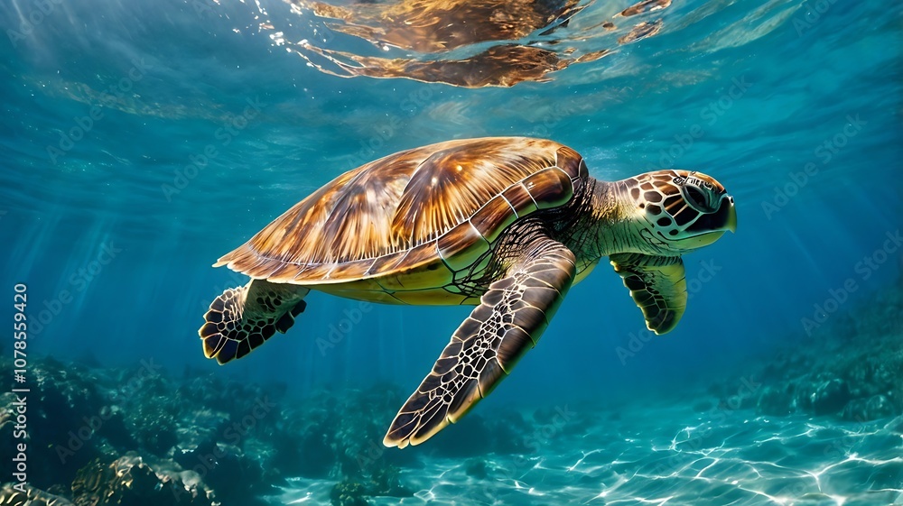 Obraz premium A Green Sea Turtle Swimming Through Clear Blue Ocean Water