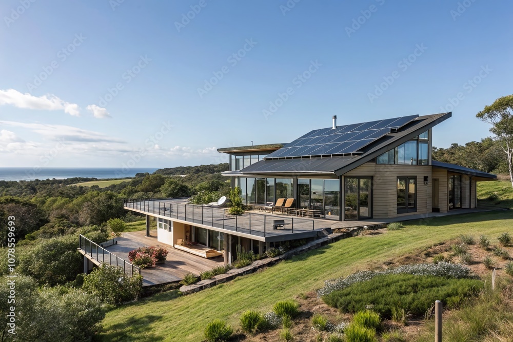 Modern Sustainable Home with Solar Panels and Large Windows Showcasing Eco-Friendly Design and Spacious Deck in a Serene Natural Landscape Modern Sustainable Home with Solar Panels and Large Windows Showcasing Eco-Friendly Design and Spacious Deck in a Serene Natural Landscape