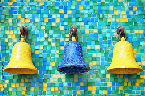 Vibrant yellow mosaic bells with blue tiles on a textured wall symbolizing festive tradition and creative holiday decor photo