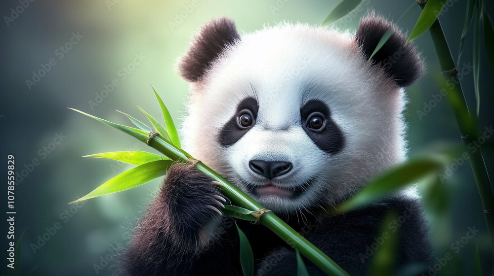 Fototapeta premium Cute panda holding bamboo in lush green forest