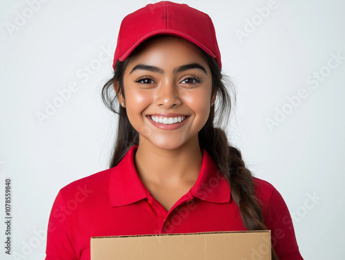 A young, smiling Hispanic female delivery person wearing a red polo shirt and cap, and holding a cardboard box on a white background for an advertising copy space banner template s photo